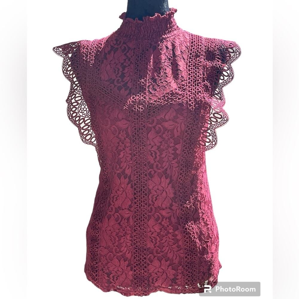 Cable & Gauge Burgundy Lace Ruffle Mock Neck Top